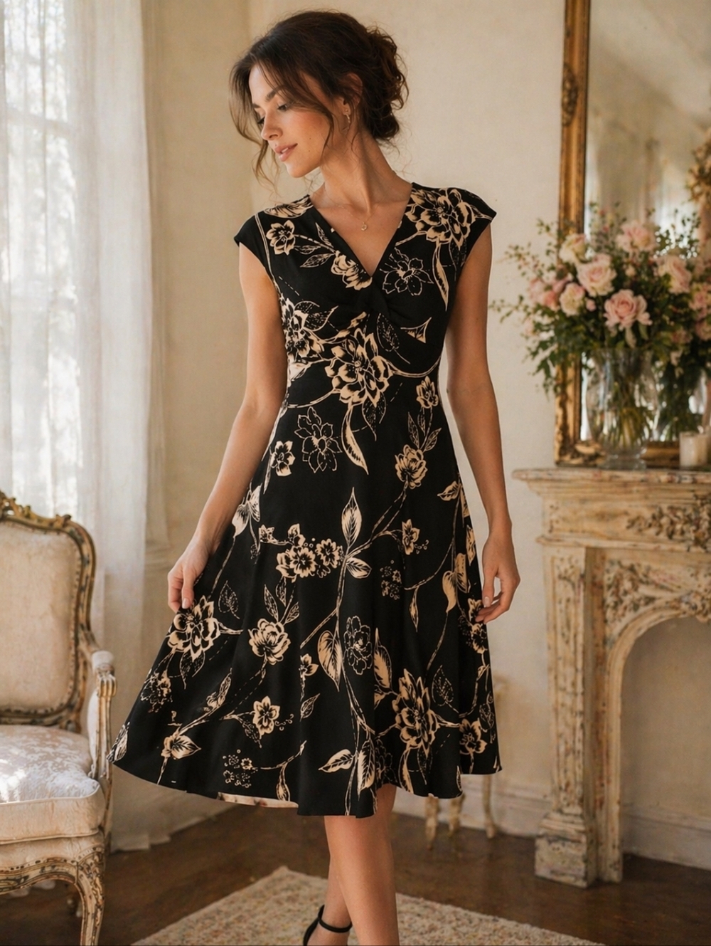 SL FASHIONS Dress Womens 10 Black Beige Floral Midi Career Elegant Formal Party